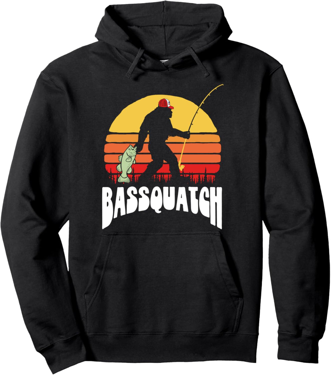 Bassquatch! Funny Bigfoot Fishing Outdoor Retro 80s Pullover Hoodie