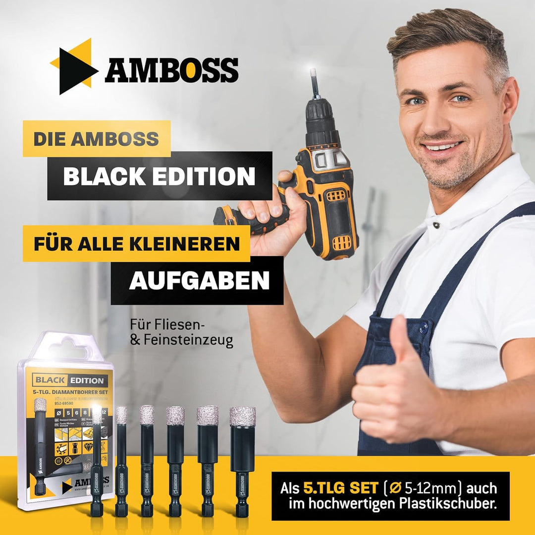 Fliesenbohrer Set Ø 5, 6, 8, 10, 12 mm (5 tlg.) /Sechskant Aufnahme - Amboss Black Edition Diamantbo