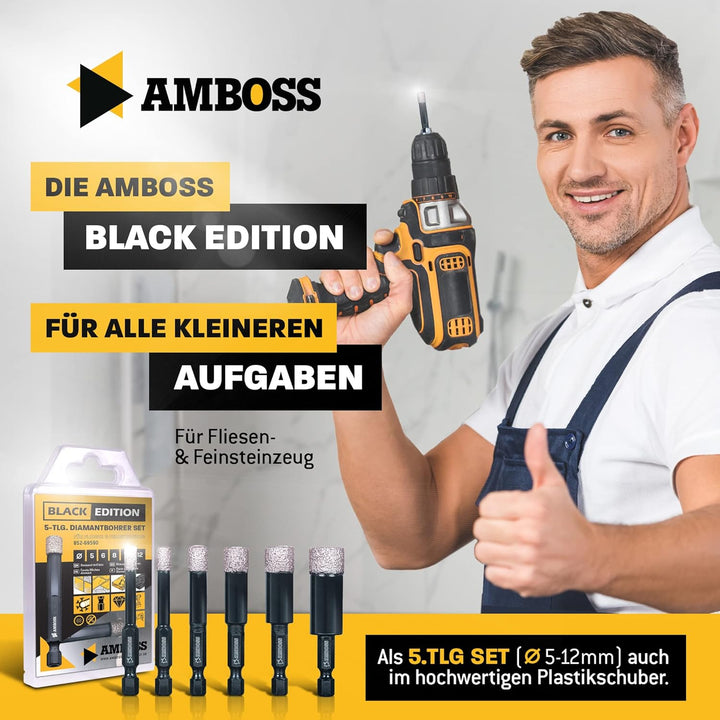 Fliesenbohrer Set Ø 5, 6, 8, 10, 12 mm (5 tlg.) /Sechskant Aufnahme - Amboss Black Edition Diamantbo