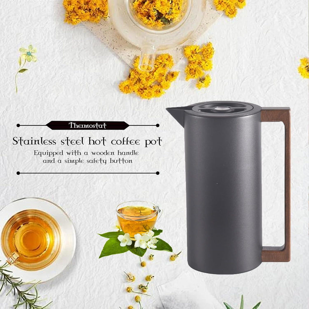 Thermoskanne Kaffeekannen Edelstahl Vakuum Isolations, Mit Holzgriff Und Einfachem Sicherheitsdruckk