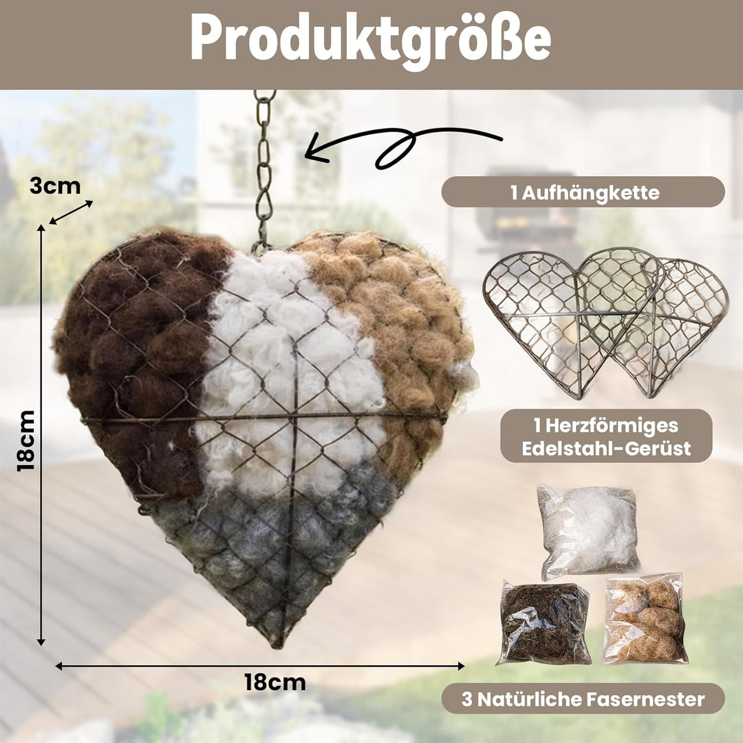 Nistmaterial für Wildvögel, Handgemachtes Herzförmiges Edelstahl Nistmaterial für Vögel mit natürlic