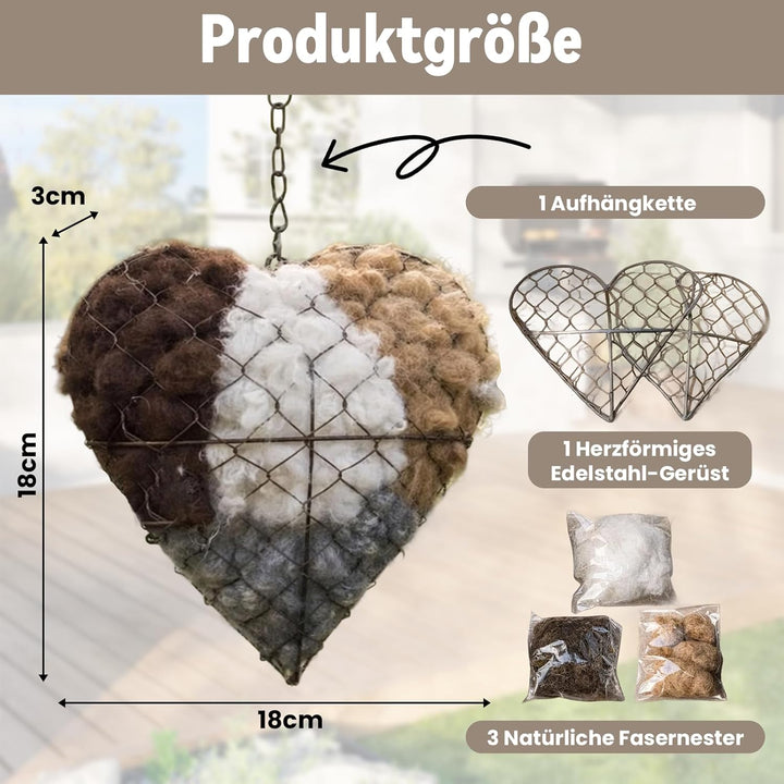 Nistmaterial für Wildvögel, Handgemachtes Herzförmiges Edelstahl Nistmaterial für Vögel mit natürlic