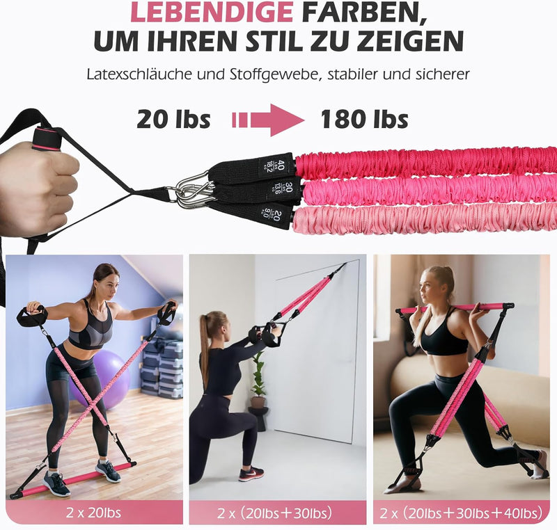 ALongSong Fitnessbänder Pilates Bar Set mit 6 Widerstandsbänder 20/30/40lbs oder 30/40/50lbs, Resist