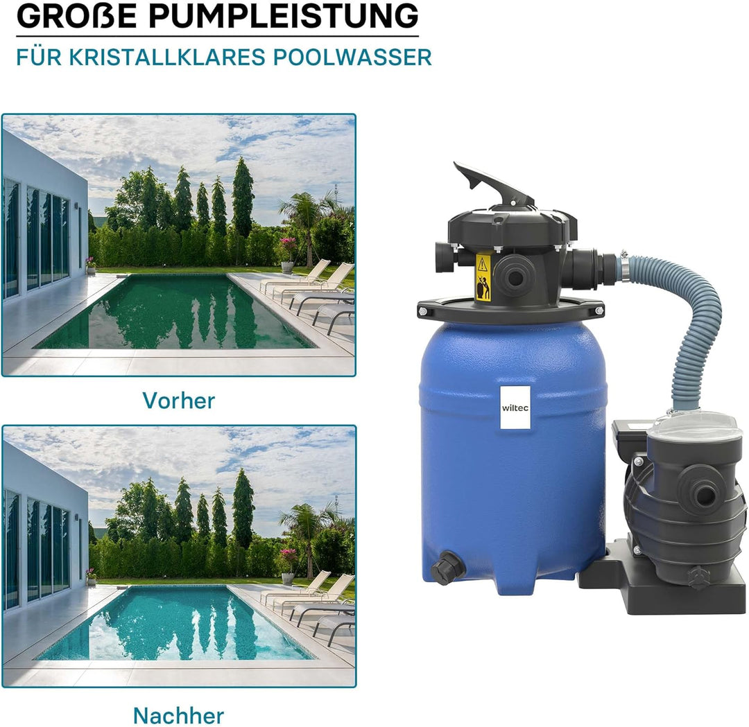 Wiltec Sandfilteranlage 250 W mit 14l Filtertank und selbstansaugender Pumpe 10000 l/h, Sandfilterpu
