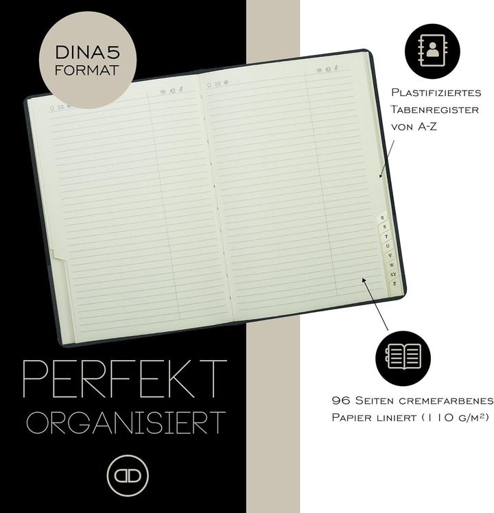 DELMON VARONE - Personalisierbares Adressbuch DIN A5 gebunden mit A-Z Register in Boxcalf Premium Le