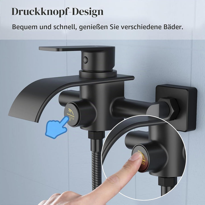 KULACO Badewannenarmatur Wasserfall Schwarz, Mischbatterie Badewanne Wannenbatterie, Messing Wasserh