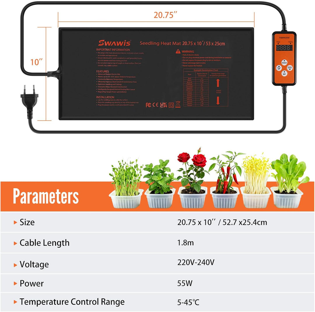SWAWIS Heizmatte für Pflanzen 65W 52,7x25,4cm Wärmematte Set mit 5-42℃ Thermostatregler für Zimmerge