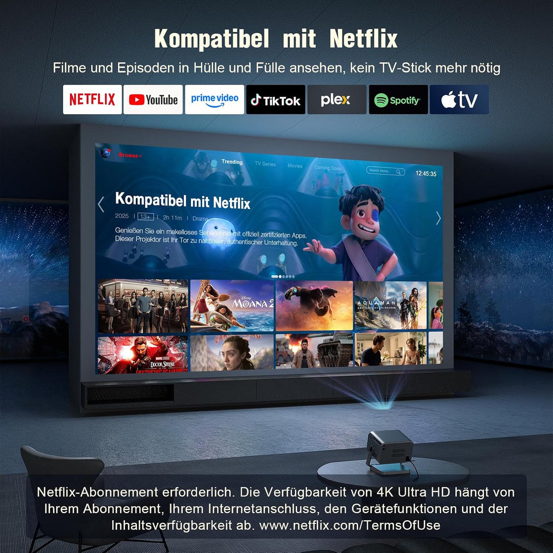 Smart Beamer 4K【Netflix vorinstalliert &amp; Dolby Audio】 VOPLLS 35000L Autofokus &amp; Trapezkorrektur Beam