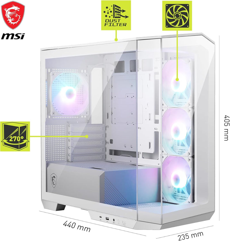 MSI MAG PANO M100R PZ White Micro-ATX PC-Gehäuse - 3 x 120 mm Reverse-Blade ARGB-Lüfter und 1 x 120