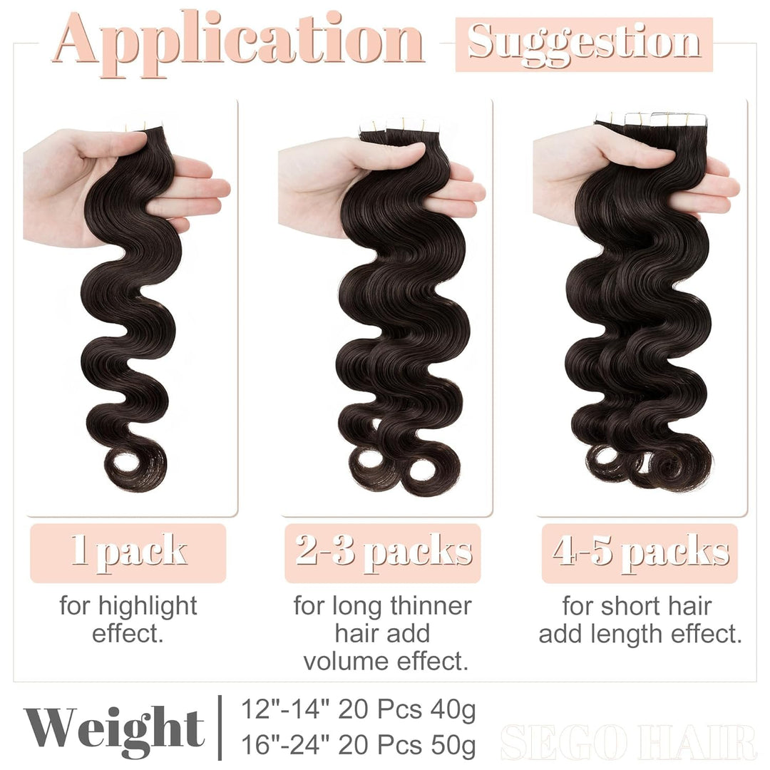 SEGO Tape Extensions Echthaar 20 Pcs Gewellt 40 cm #02 40 cm Dunkelbraun#2, 40 cm Dunkelbraun#2