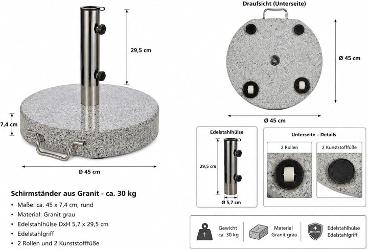 DIES&DAS Schirmständer aus Granit, Sonnenschirmständer rund, 45cm, 30kg, Edelstahlgriff, 2 Rollen fü