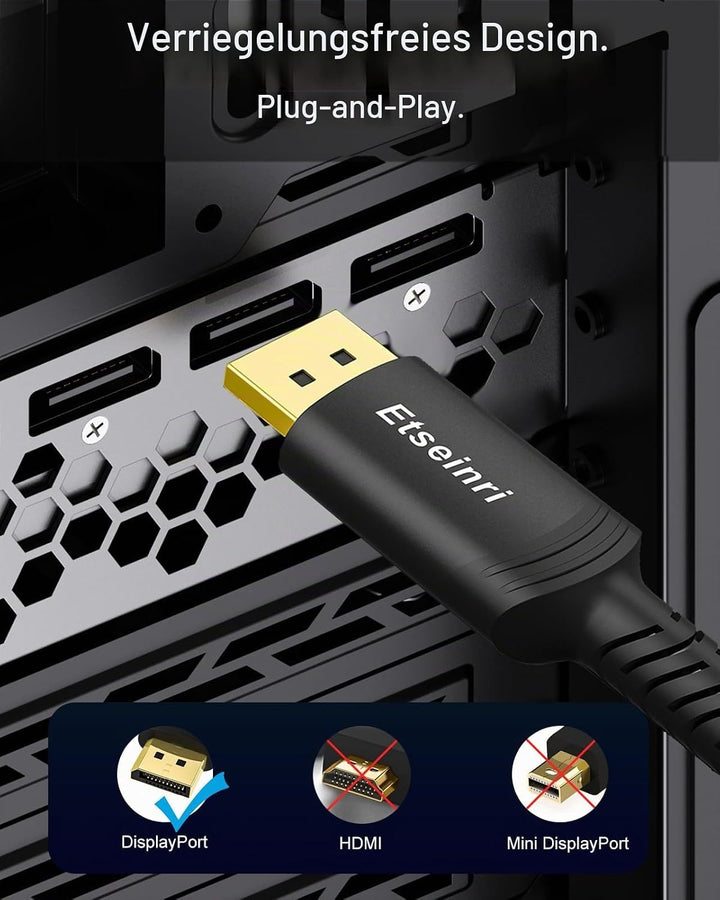 Etseinri DisplayPort Kabel 10M, Zertifiziertes Display Port Kabel 8K 60Hz 4K 165Hz 144Hz 2K 240Hz, 3