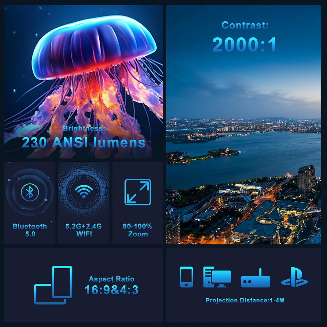 Mini Beamer 4K, Full HD 1080P Mini Projektor, WiFi 6 und Bluetooth 5.4 Auto Vertikale Trapezkorrektu