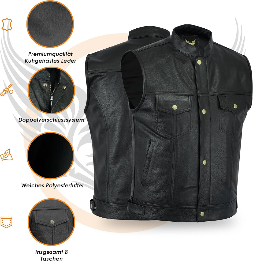 Leatherick Herren Biker Weste aus echtem Leder mit offenen Knöpfen für Reiten und modische Weste (M