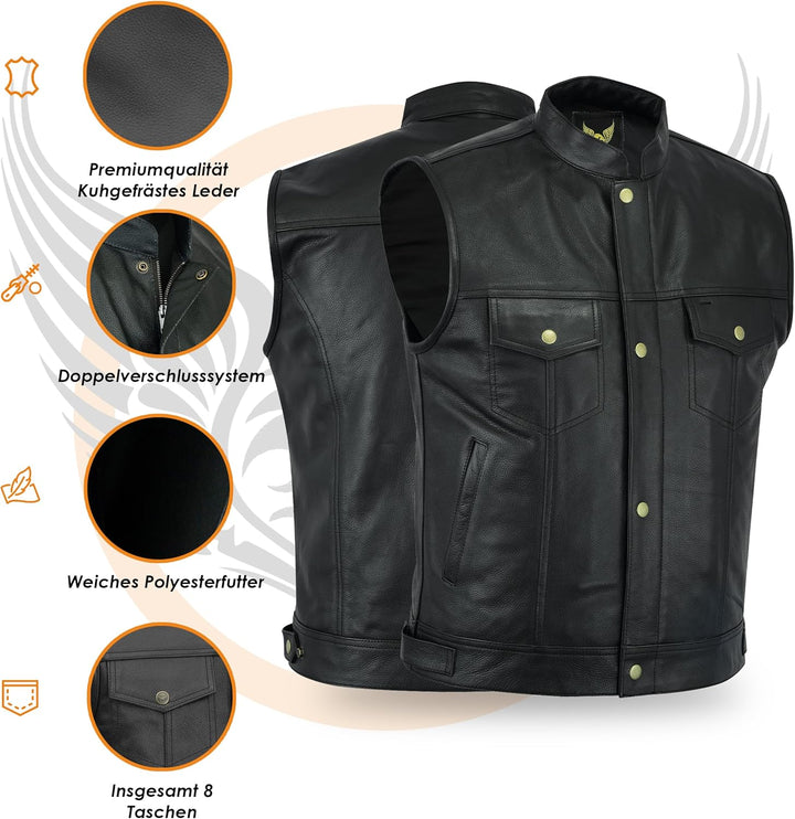 Leatherick Herren Biker Weste aus echtem Leder mit offenen Knöpfen für Reiten und modische Weste (M
