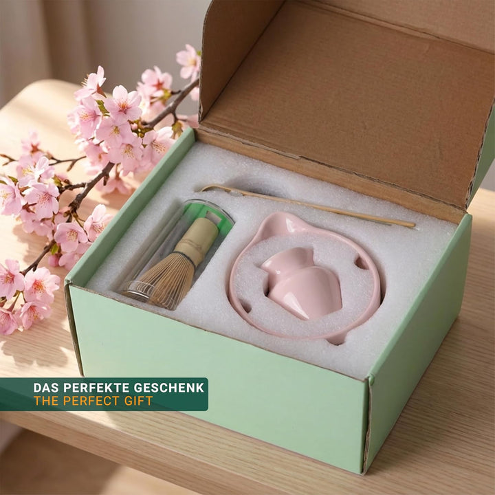 Matchaya Matcha Set 7-teilig Rosa – Keramik Chawan 460ml, Bambus Chasen & Halter, Chashaku, Ablage,