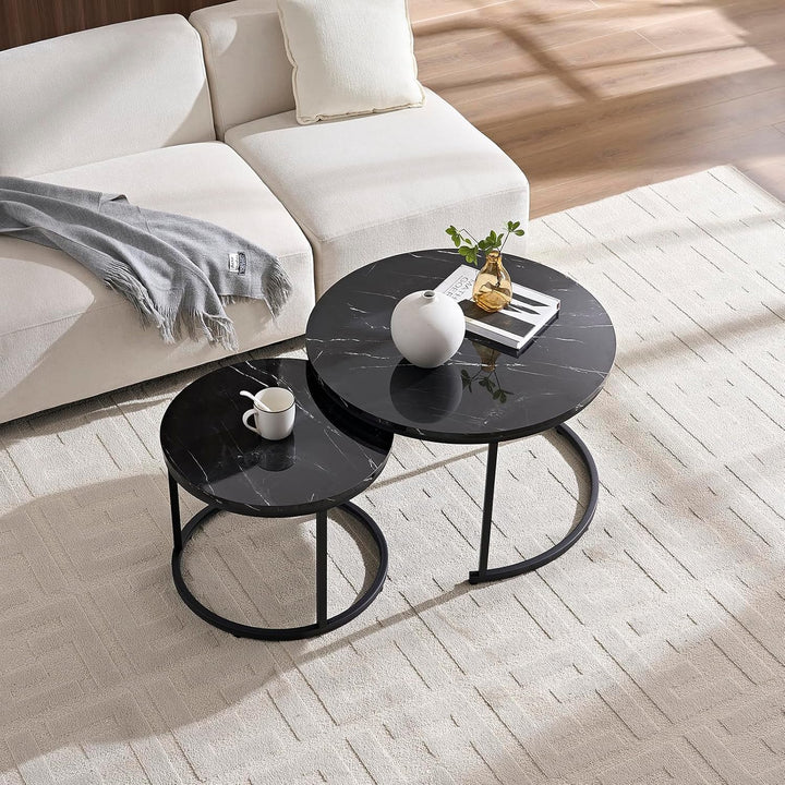 Home Heaven® Couchtisch Rund Schwarz Marmor 2er Set – Runder Wohnzimmertische in Marmor Optik Ø70cm
