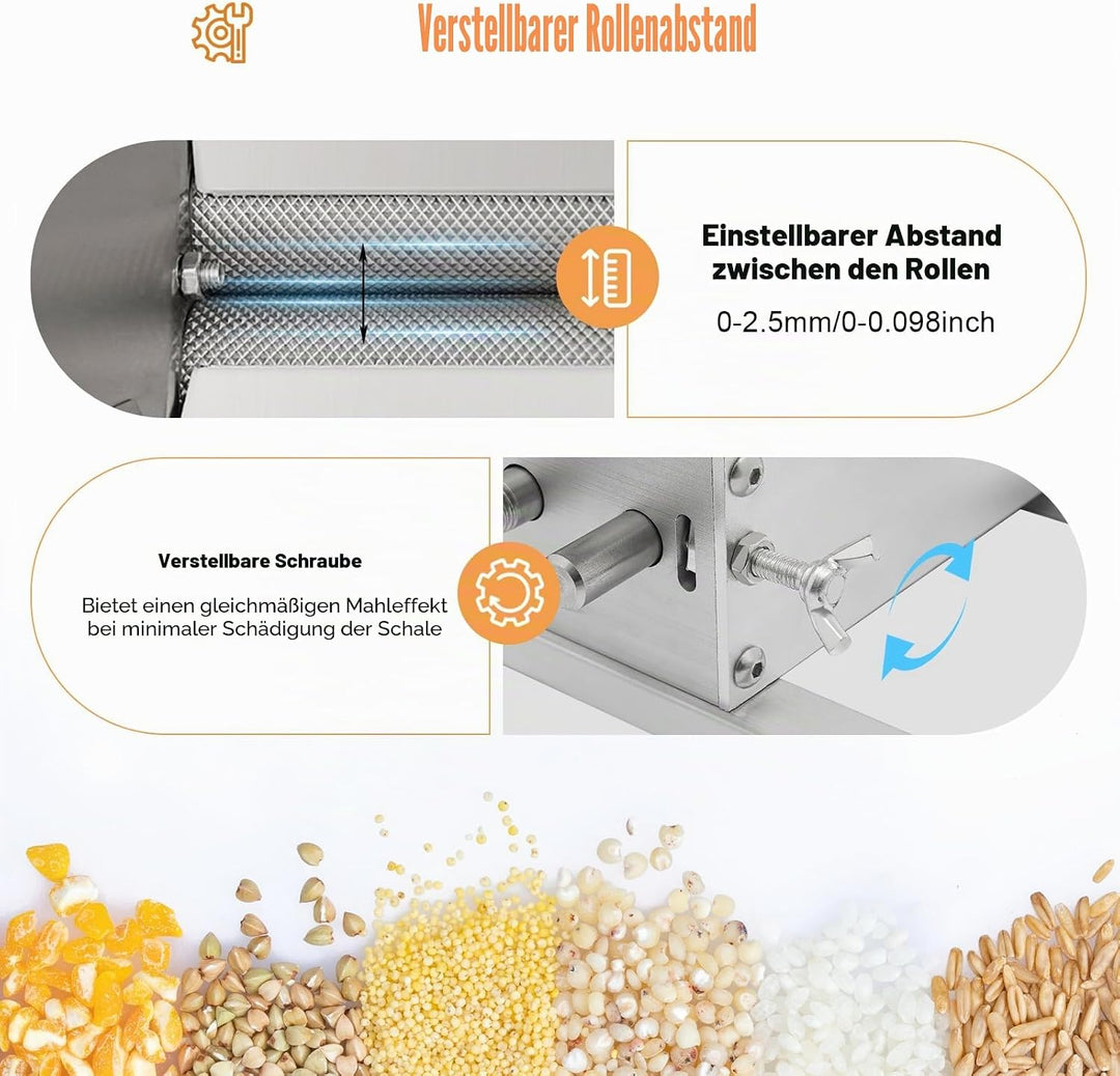 4L Getreidemühle Manuelle Edelstahl, 2 Rollen Verstellbare Malzmühle Futtermühle Maismühle Grainmühl