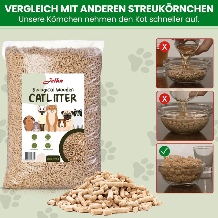 Jelka Holzstreu Katzenstreu 2 x 10KG (20kg - 40L) - Biologisch abbaubare Holzkörner - 100% Natur
