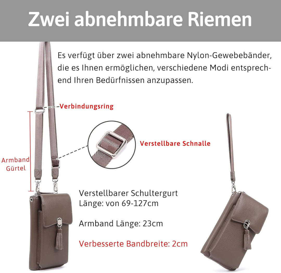 Pearl Angeli Weiches Echtes Leder Handy Umhängetasche - Handytasche Geldbörse Damen RFID Schutz klei