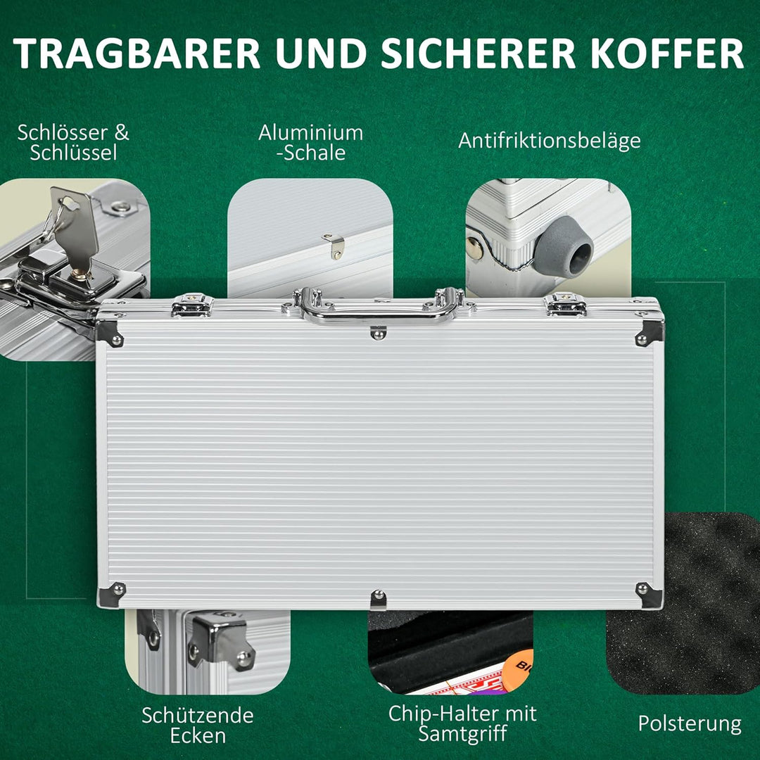SPORTNOW Pokerkoffer Set, 300 Pokerchips 11,5 Gramm, Pokerset mit Schloss, 2 Pokerdecks, 5 Würfel, 1