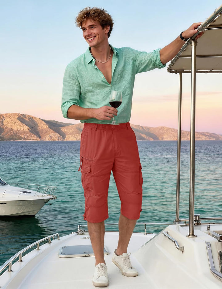 KEFITEVD 3/4 Hose Herren Cargo Shorts Männer Bermuda Shorts Multi Taschen Sommer Kurze Hose Baumwoll