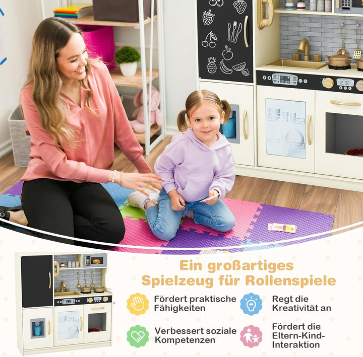 DREAMADE Kinderküche Holz mit Zubehör, Kinderspielküche Holzküche mit Herd Geschirrspüler Eismaschin