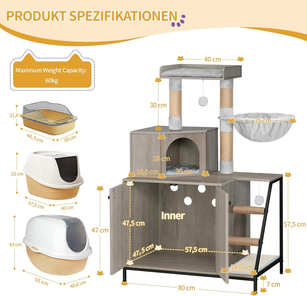 Hzuaneri Kratzbaum mit Katzenklo-Schrank, Katzenschrank, 4-in-1 Modernes Katzenhaus mit Grosser Plat
