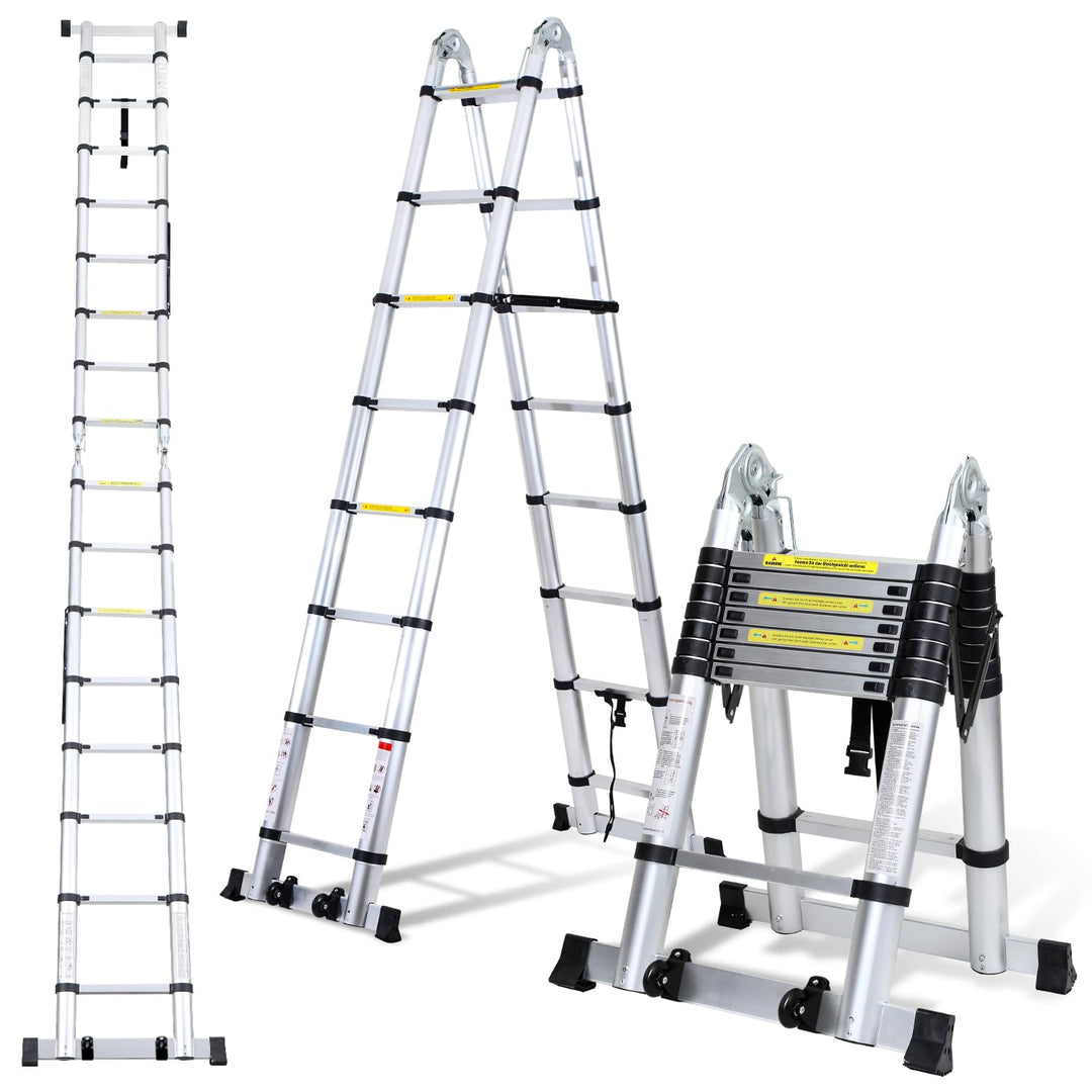 Randaco 5M (2.5+2.5) Teleskopleiter Klappleiter Aluminium, Ausziehbare Leiter, Rutschfester Aluleite