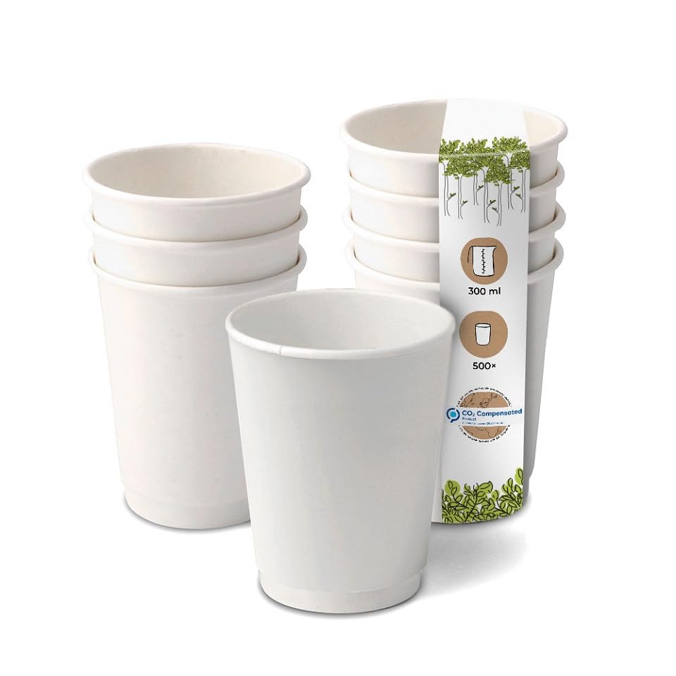 BIOZOYG 500 Stück Kaffeebecher isolierte Pappbecher 300ml / 12 oz Ø 90 mm weiss - doppelwandig plast