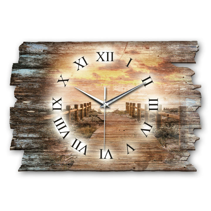 Kreative Feder Steg Sonnenuntergang Shabby Style Designer Wanduhr Funkuhr aus Holz *Made in Germany