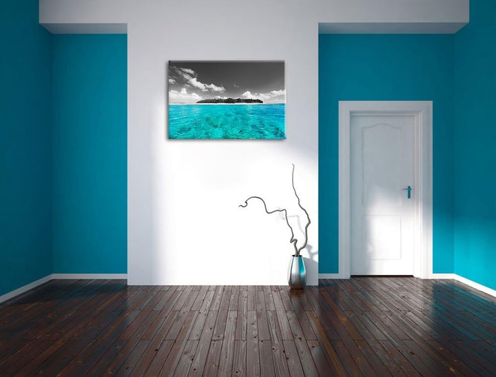 Malediven mit traumhaften azurblauen Wasser schwarz/weiss Format: 100x70 auf Leinwand, XXL riesige B