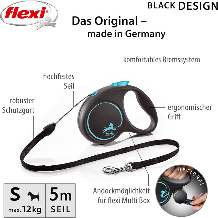 flexi® Black Design S Seil 5 m schwarz/blau, Roll-Leine für Hunde bis 12 kg Blau S: 5m (max. 12kg),