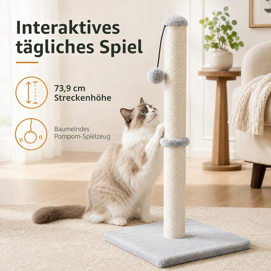 Dimaka Kratzbaum für Katzen, 74 cm, mit Sisalseil und weichem Plüschbezug GRAU, GRAU
