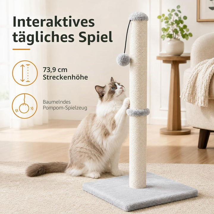 Dimaka Kratzbaum für Katzen, 74 cm, mit Sisalseil und weichem Plüschbezug GRAU, GRAU