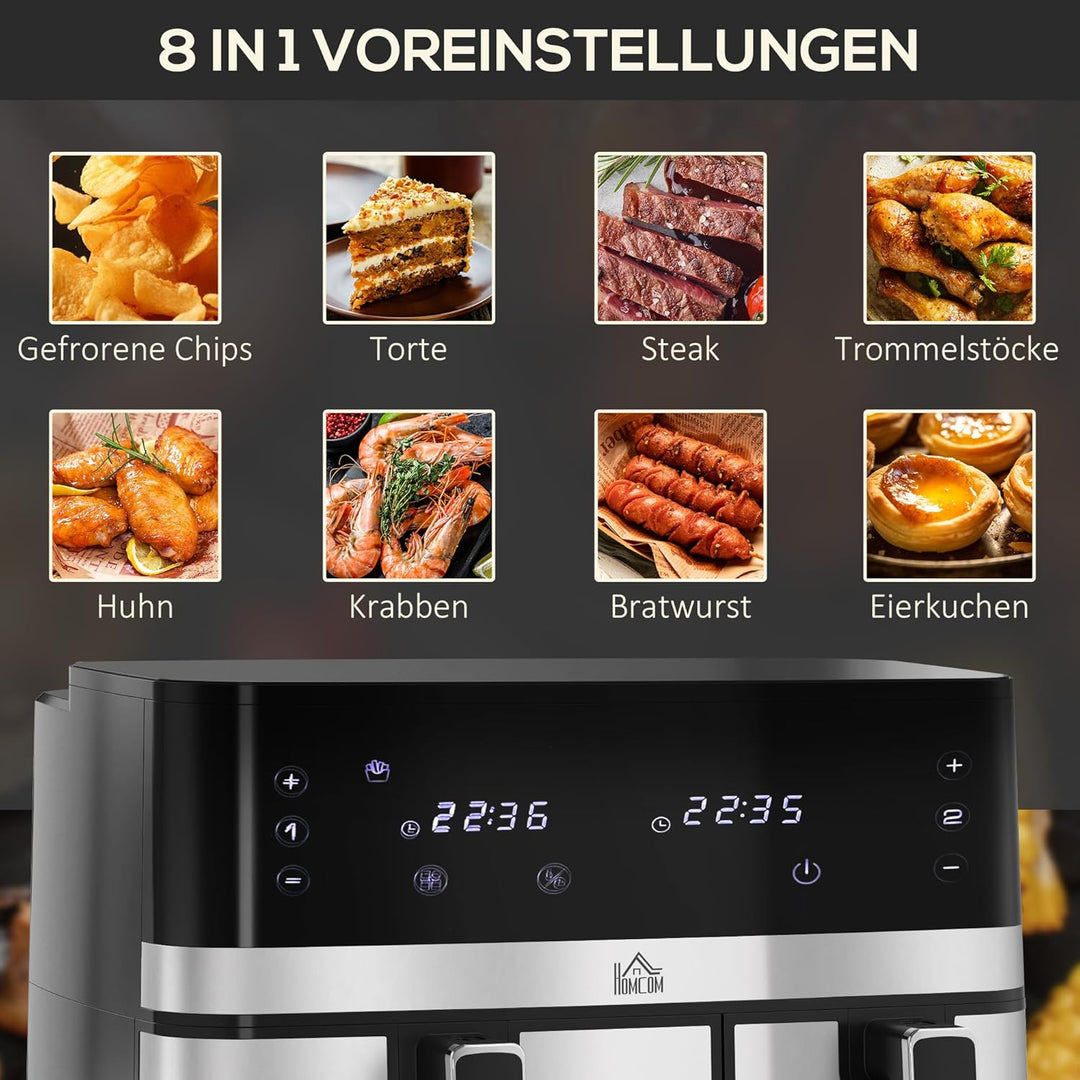 HOMCOM Dual Zone Heissluftfritteuse 8,5 L Airfryer 2700W mit 2 Fächer, 8 Programme, Antihaftbeschich