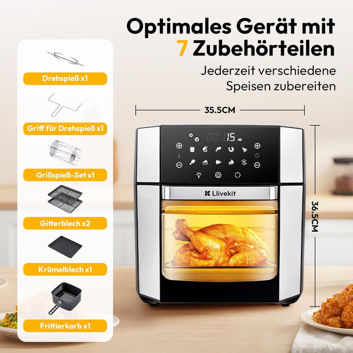 LLIVEKIT 15L Heissluftfritteuse, Heissluft-Backofen 90% weniger Öl, Air Fryer XXL 1800W, 10 in 1 Min