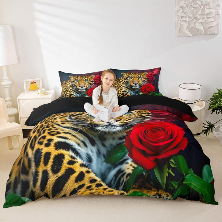 Homewish Leopard Bettbezug, Cheetah Bettwäscheset Rose Blume Trösterbezug 135x200, Für Kinder Jungen