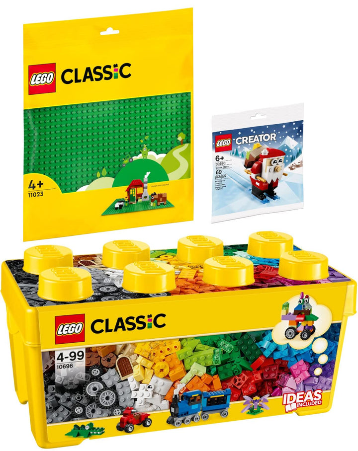 Lego Classic 3er Set: 10696 Lego Mittelgrosse Bausteine-Box, 11023 Grüne Bauplatte & 30580 Santa Cla