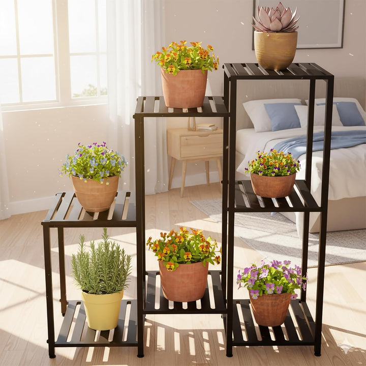 Relaxdays Pflanzenregal 7 Ebenen für Ihre Schätze Grün Metall HxBxT 81x80x28,5cm Schwarz 81 x 80 x 2