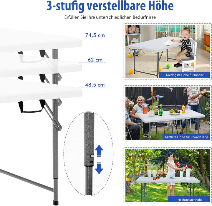 COSTWAY Campingtisch höhenverstellbar, tragbarer Klapptisch, klappbarer Gartentisch mit Tragegriff,