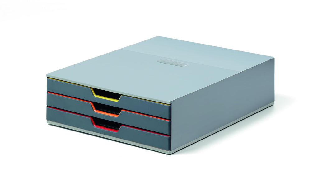 Durable Schubladenbox A4 (Varicolor) 3 Fächer, mit Etiketten zur Beschriftung, mehrfarbig, 760327, 3
