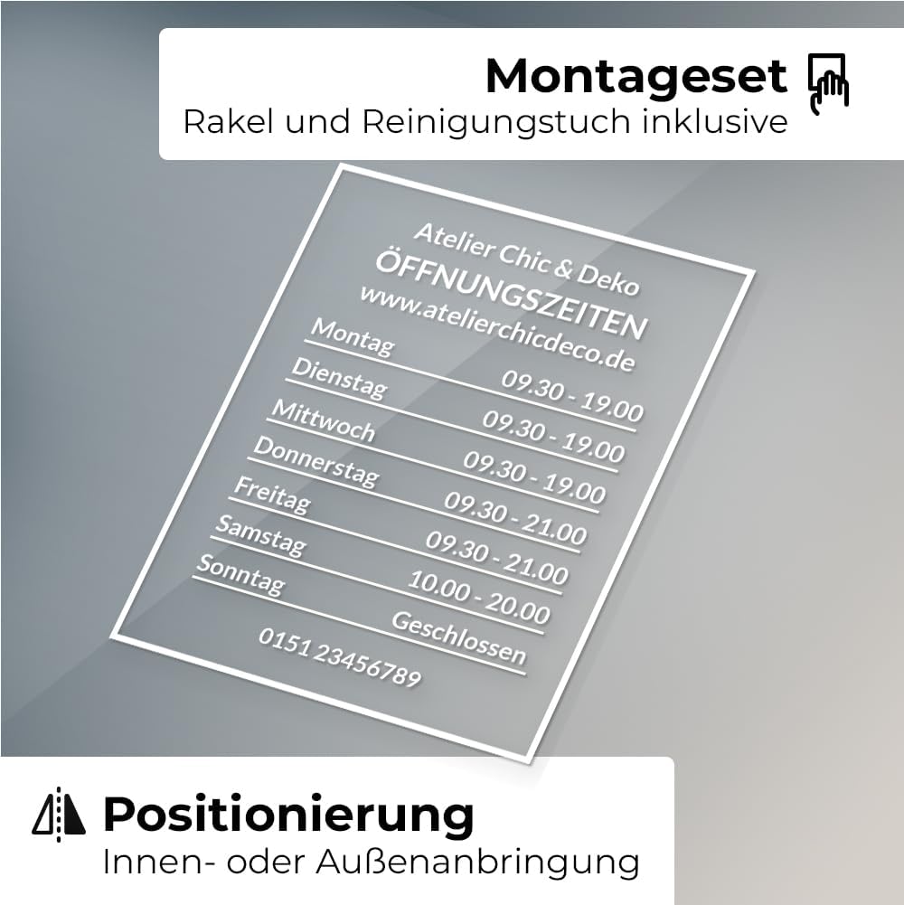 Öffnungszeiten Aufkleber für Schaufenster, personalisierbar (Design 1), Design 1