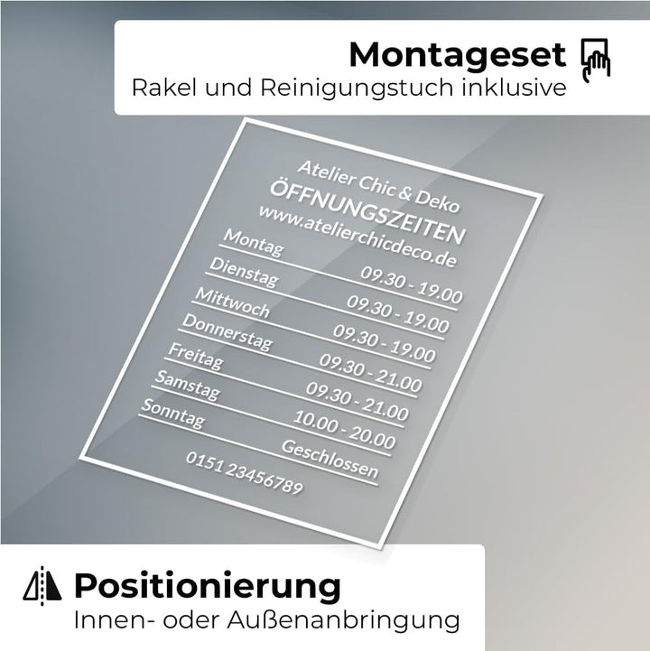 Öffnungszeiten Aufkleber für Schaufenster, personalisierbar (Design 1), Design 1