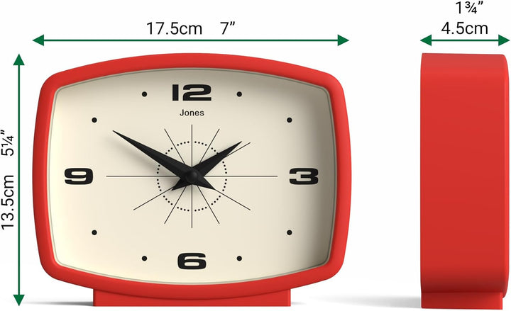 JONES CLOCKS® Film Schreibtischuhr | Rechteckiges retrodesign | Rot | Midcentury Stil mit modernem F