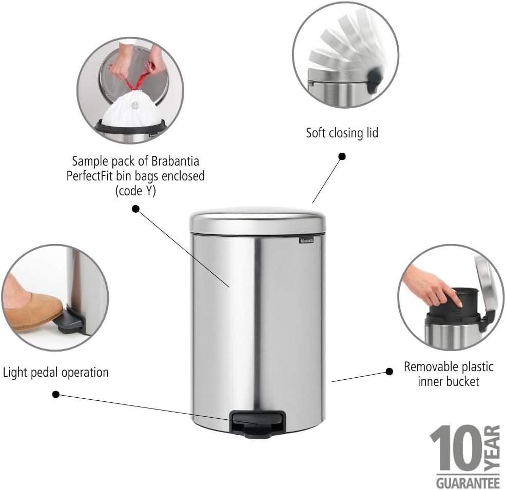Brabantia Tret-Mülleimer mit Inneneimer aus Kunststoff, stahl, Matt Steel Fingerprint Proof, 20 l 20