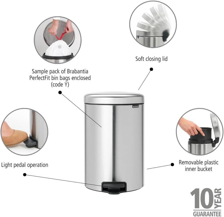 Brabantia Tret-Mülleimer mit Inneneimer aus Kunststoff, stahl, Matt Steel Fingerprint Proof, 20 l 20