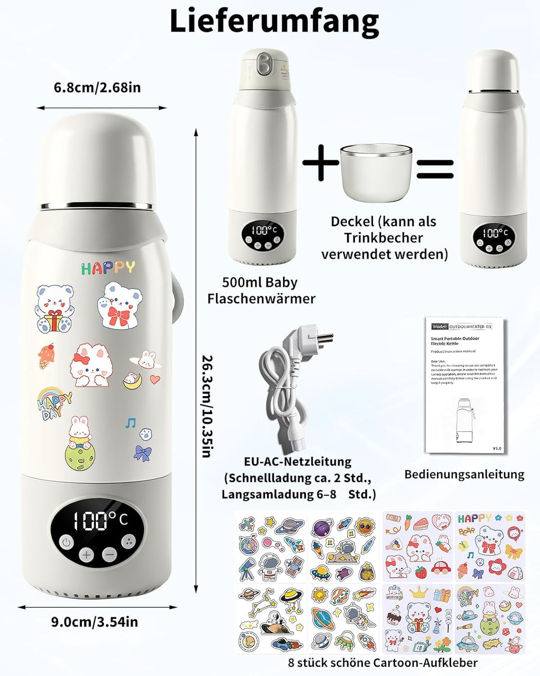 2-in-1 Reisewasserkocher &amp; Tragbarer Babyflaschenwärmer mit 500 ml, 12000 mAh Akku, 37–100 °C Präzis