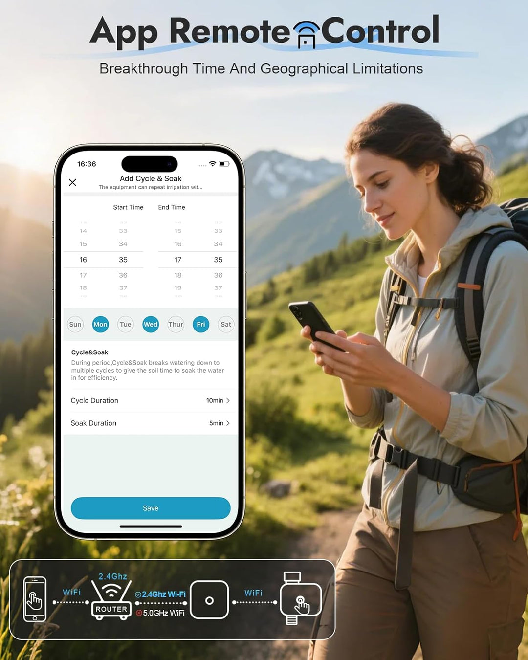 WiFi-Wasser-Timer für Gartenschlauch, Kein WLAN-Hub,Messing-Einlass/Auslass 1 Zone-Brass Inlet Outle