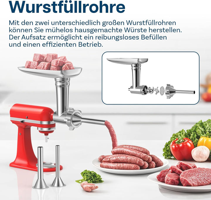 Fleischwolf Aufsatz für KitchenAid Standmixer - Fleischwolf Zubehör mit 4 Mahlscheibe, 2 Wurstfüllhö